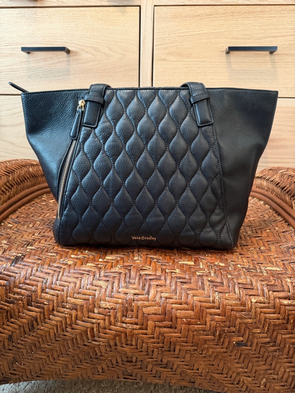 Vera Bradley Black Quilted Leather Tote with Zip Accent